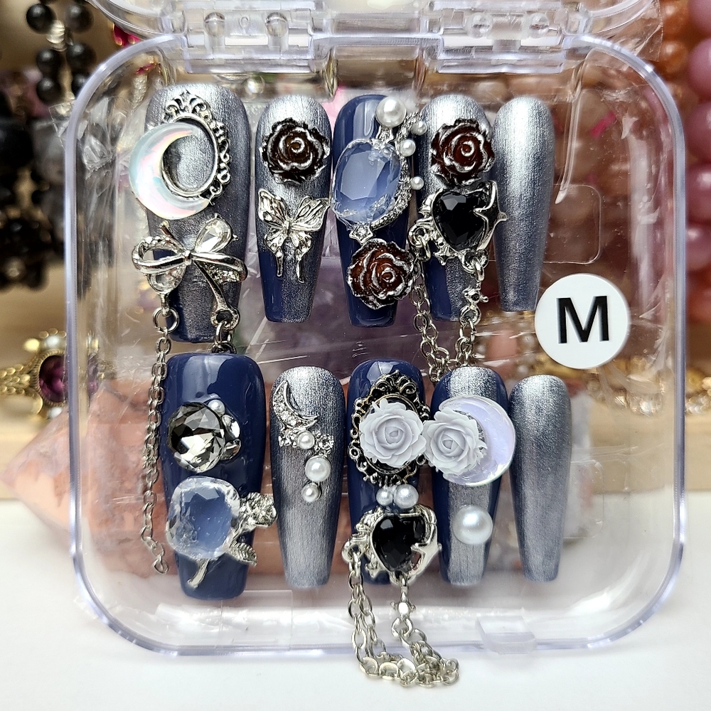 Denim+Silver Press-on Nail Set